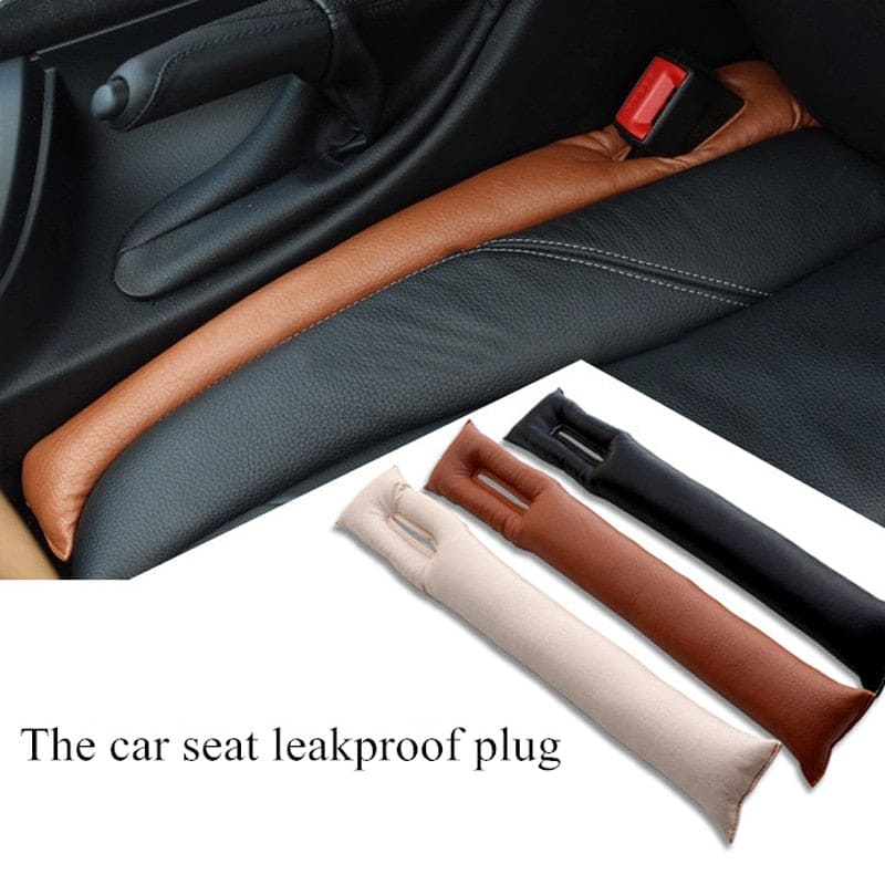 AutoSavvy GapGuard installed in a car, showing its effective design in brown leather to prevent items from falling between the seats and the center console. Includes three color options: black, brown, and beige. This cool car accessory enhances safety and organization, perfect for car hacks and maintaining a clean car interior.