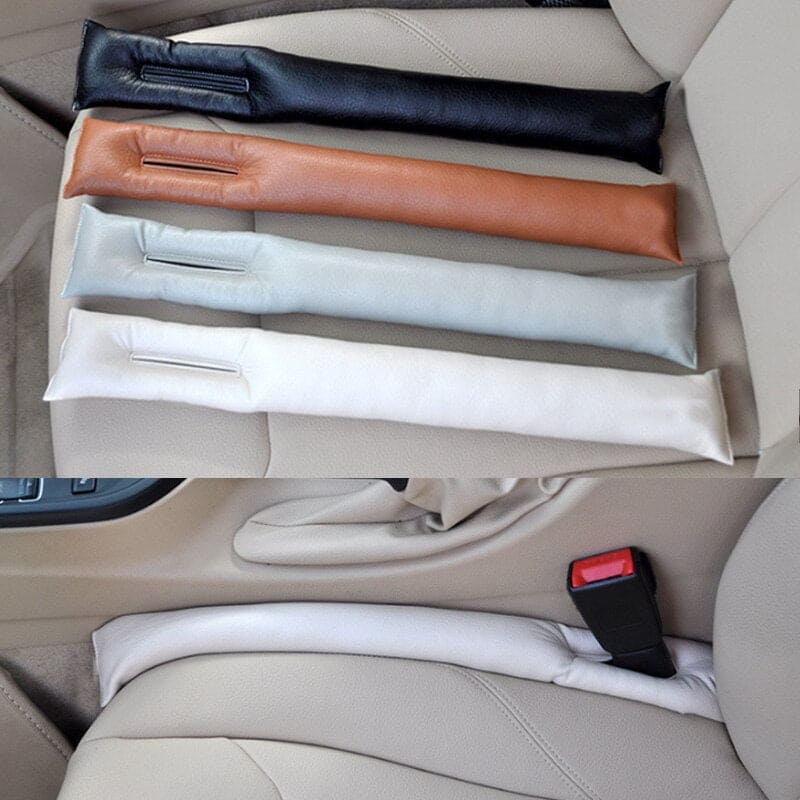 AutoSavvy GapGuard installed in a car, showing its effective design in black leather to prevent items from falling between the seats and the center console. Includes four color options: black, brown, gray, and beige. This cool car accessory enhances safety and organization, perfect for car hacks and maintaining a clean car interior.