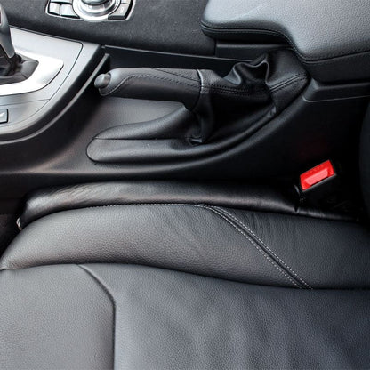AutoSavvy GapGuard installed in a car, showing its effective design in black leather to prevent items from falling between the seats and the center console. Includes four color options: black, brown, gray, and beige. This cool car accessory enhances safety and organization, perfect for car hacks and maintaining a clean car interior.
