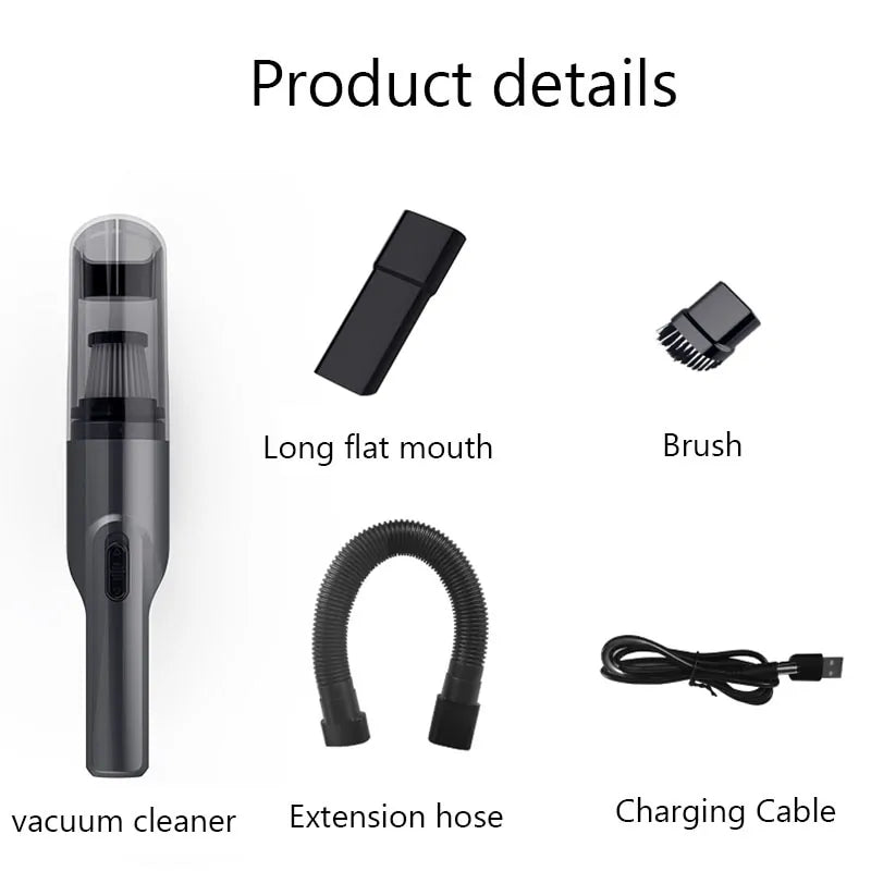 AutoSavvy Vacuum Cleaner product details, including the compact vacuum, long flat mouth nozzle, brush attachment, extension hose, and charging cable. This powerful, cordless vacuum is a cool car accessory designed for efficient car cleaning. Ideal for car hacks and maintaining a spotless vehicle interior. Available now at Cool Car Commodities.