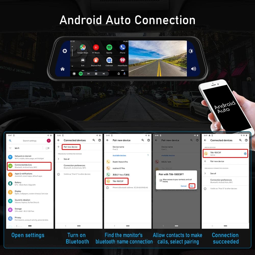 Showcase of how simple the Android Auto Connection is with the AutoSavvy Smart Rear View Mirror car accessory.