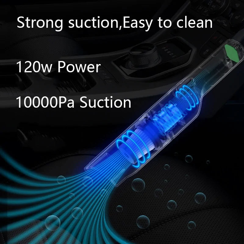 AutoSavvy Vacuum Cleaner showcasing its powerful 120w power and 10000pa suction. This compact, cordless vacuum is an essential cool car accessory, perfect for thorough and efficient car cleaning. Ideal for car hacks and maintaining a pristine vehicle interior. Available now at Cool Car Commodities.